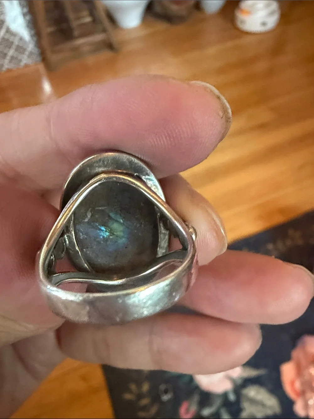 Vintage Sterling Silver Labradorite Oval Statement Ring Stamped 925 Size 8
